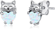 Sterling Silver Heart-Shaped Opal Cat Stud Earrings