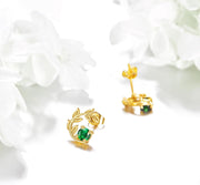 14K Gold Emerald Green CZ Leaves Stud Earrings for Women
