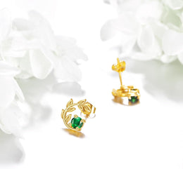 14K Gold Emerald Green CZ Leaves Stud Earrings for Women