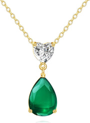 14K Gold 0.5Ct Heart Moissanite & 2Ct Pear Emerald Pendant Necklace