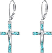 Sterling Silver Turquoise Stone Inlay Cross Dangle Lever back Earrings