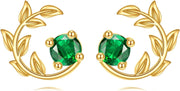 14K Gold Emerald Green CZ Leaves Stud Earrings for Women