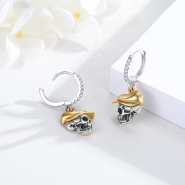 Sterling Silver Skull with Hat Huggie Hoop Earrings