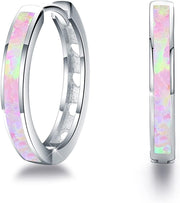 Sterling Silver Simulated Opal Hoop Earrings