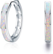 Sterling Silver Simulated Opal Hoop Earrings