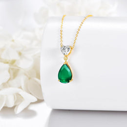 14K Gold 0.5Ct Heart Moissanite & 2Ct Pear Emerald Pendant Necklace