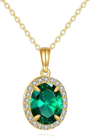 14K Gold Emerald & Zirconia Oval Pendant Necklace