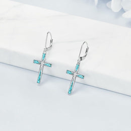 Sterling Silver Turquoise Stone Inlay Cross Dangle Lever back Earrings