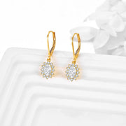 14K Gold Flower Shape CZ Dangle Drop Earrings