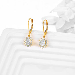 14K Gold Flower Shape CZ Dangle Drop Earrings