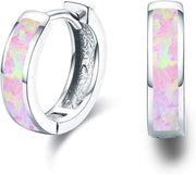 Sterling Silver Simulated Opal Hoop Earrings