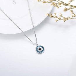 Sterling Silver Round Blue Crystal Evil Eye Pendant Necklace