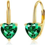 14K Gold Heart-Shaped Green Stone Leverback Dainty Earrings