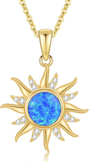14K Gold Blue Opal Sun Necklace