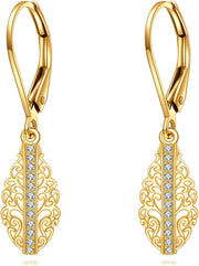 14K Gold Filigree Moissanite Leverback Dangle Earrings