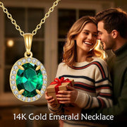 14K Gold Emerald & Zirconia Oval Pendant Necklace