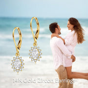 14K Gold Flower Shape CZ Dangle Drop Earrings