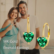 14K Gold Heart-Shaped Green Stone Leverback Dainty Earrings