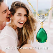14K Gold 0.5Ct Heart Moissanite & 2Ct Pear Emerald Pendant Necklace