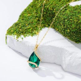 14K Gold with Created Emerald & Moissanite Teardrop Pendant Necklace