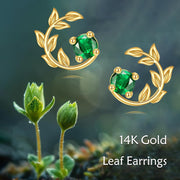 14K Gold Emerald Green CZ Leaves Stud Earrings for Women